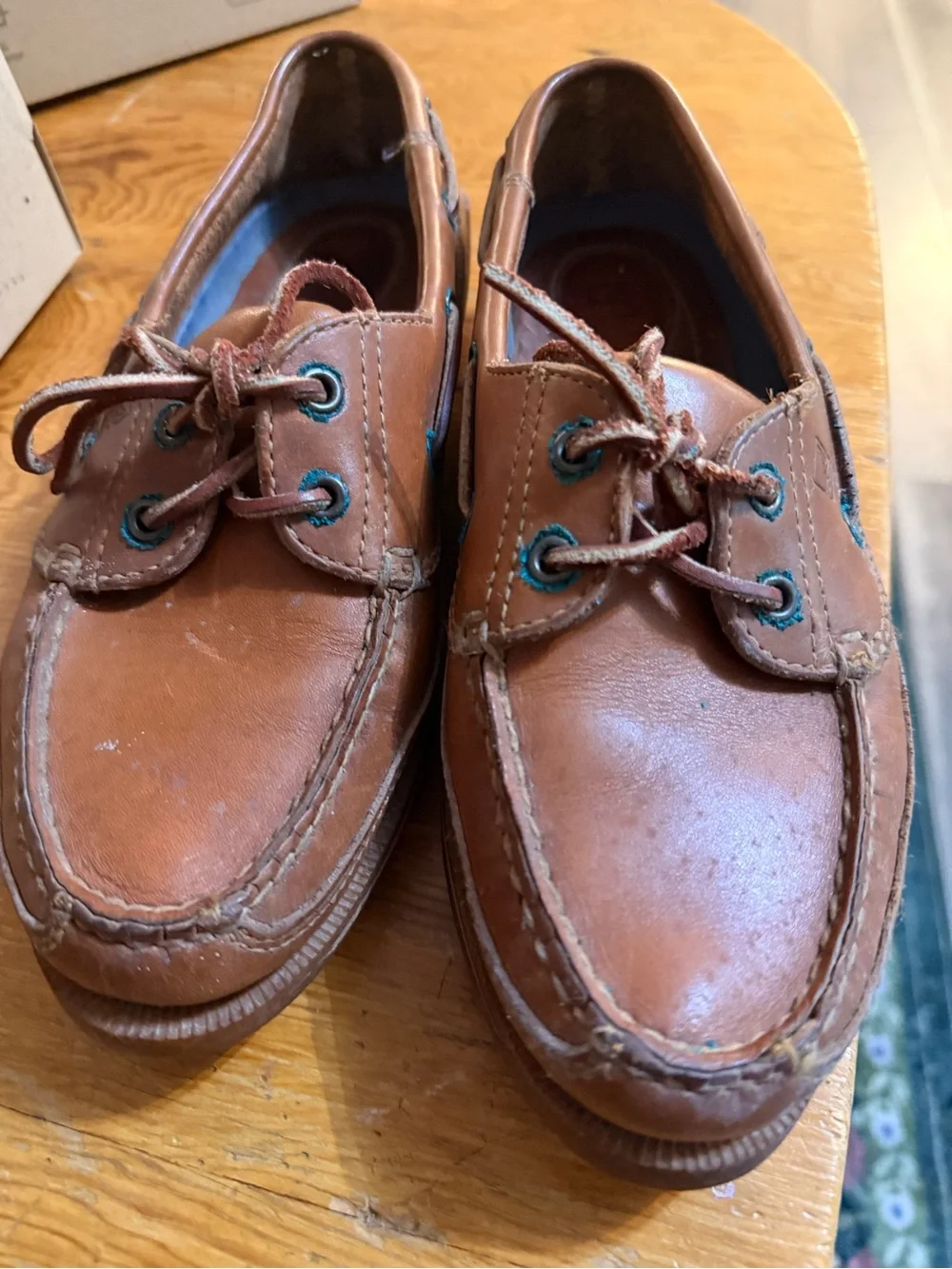 Sperry Men's Tan Leather Boat Shoes with Blue Eyelets